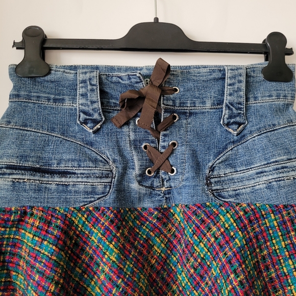 Y2K Mall Goth Punk Grunge Denim And Plaid Tweed Corset Waist Miniskirt Medium - Picture 3 of 12